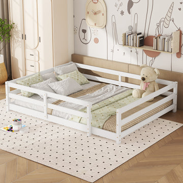 Full Size Floor Bed,  Floor Bed with Fence, Kids Bed Full Size, Wood Floor Bed for Kids, Girls, Boys (WHITE) No mattress