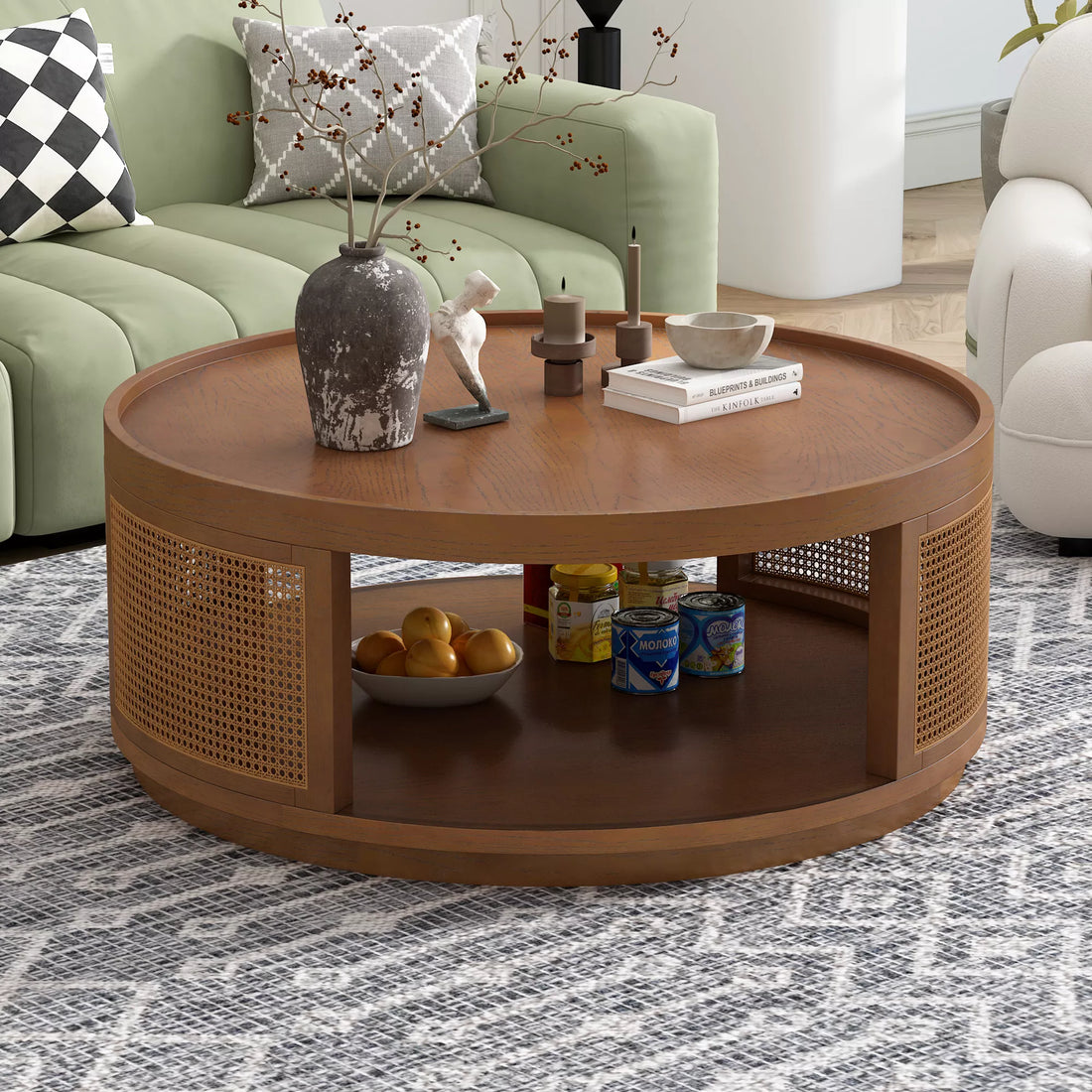 36.8'' Round Coffee Table, Modern Wooden Center Tables with PE Rattan Side, Mid-Century Retro Farmhouse Style Circle 2-Tier for Living Room,Bedroom