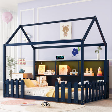 Twin Size House Bed with LED Light, Wood House Bed with Storage Bookshelf, Floor House Bed with Guardrails for Kids, Navy Blue