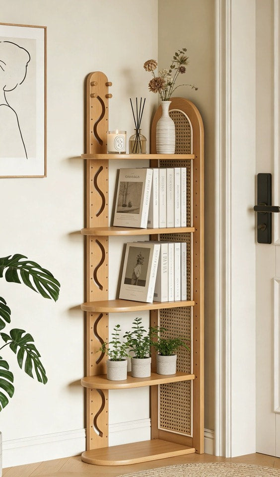 Solid Wood Rattan Corner Bookshelf, 5-Tier Corner Shelf Storage Rack, Freestanding Narrow Bookcase Display Organizer for Living Room Bedroom Small Spaces