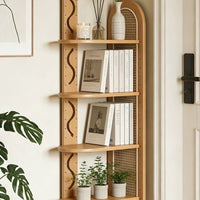 Solid Wood Rattan Corner Bookshelf, 5-Tier Corner Shelf Storage Rack, Freestanding Narrow Bookcase Display Organizer for Living Room Bedroom Small Spaces