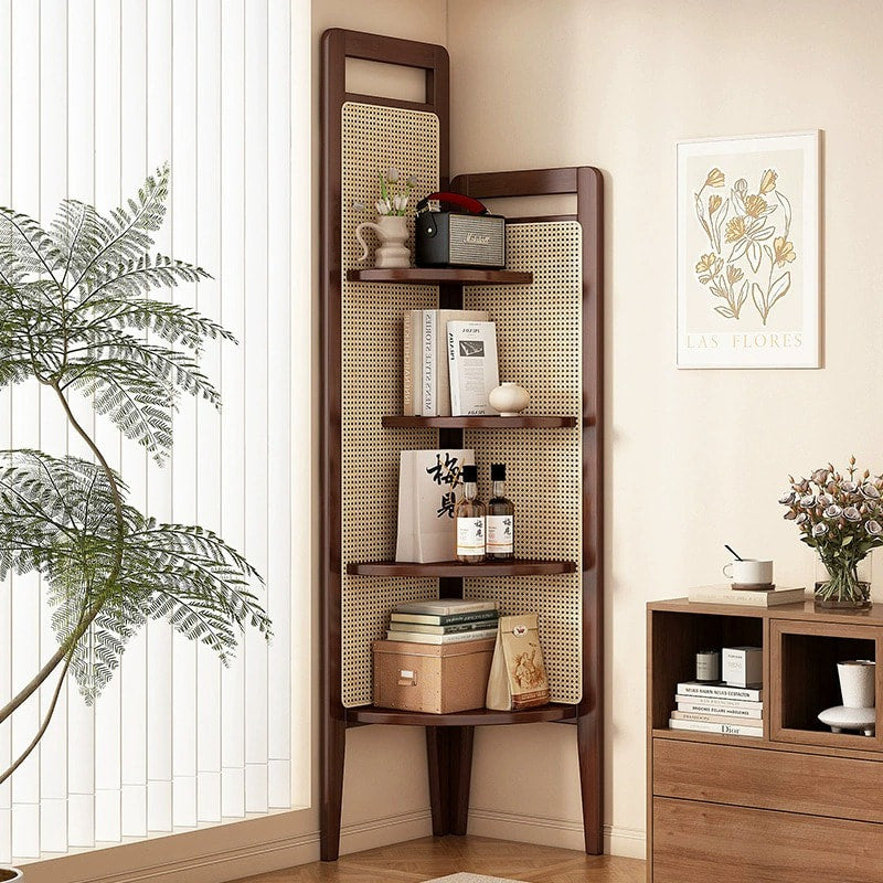 Retro Solid Wood Triangular Corner Bookshelf with Woven Rattan
