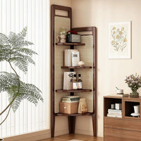 Retro Solid Wood Triangular Corner Bookshelf with Woven Rattan
