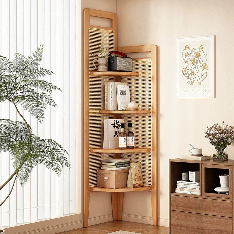 Retro Solid Wood Triangular Corner Bookshelf with Woven Rattan