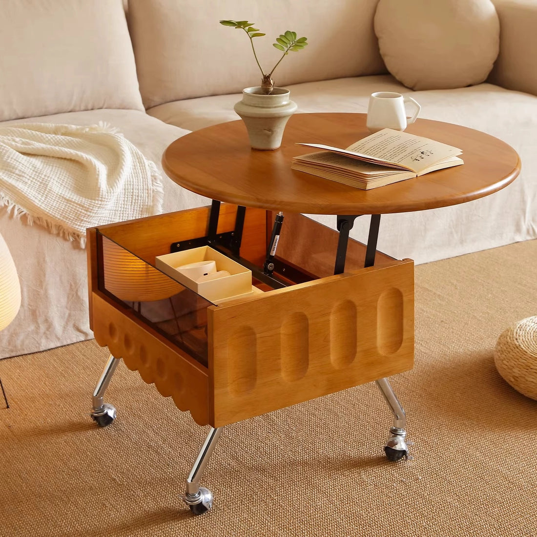 Round Lift Top Coffee Table with Storage and Wheels, Adjustable Height Solid Wood Living Room Table
