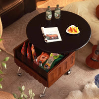 Round Lift Top Coffee Table with Storage and Wheels, Adjustable Height Solid Wood Living Room Table