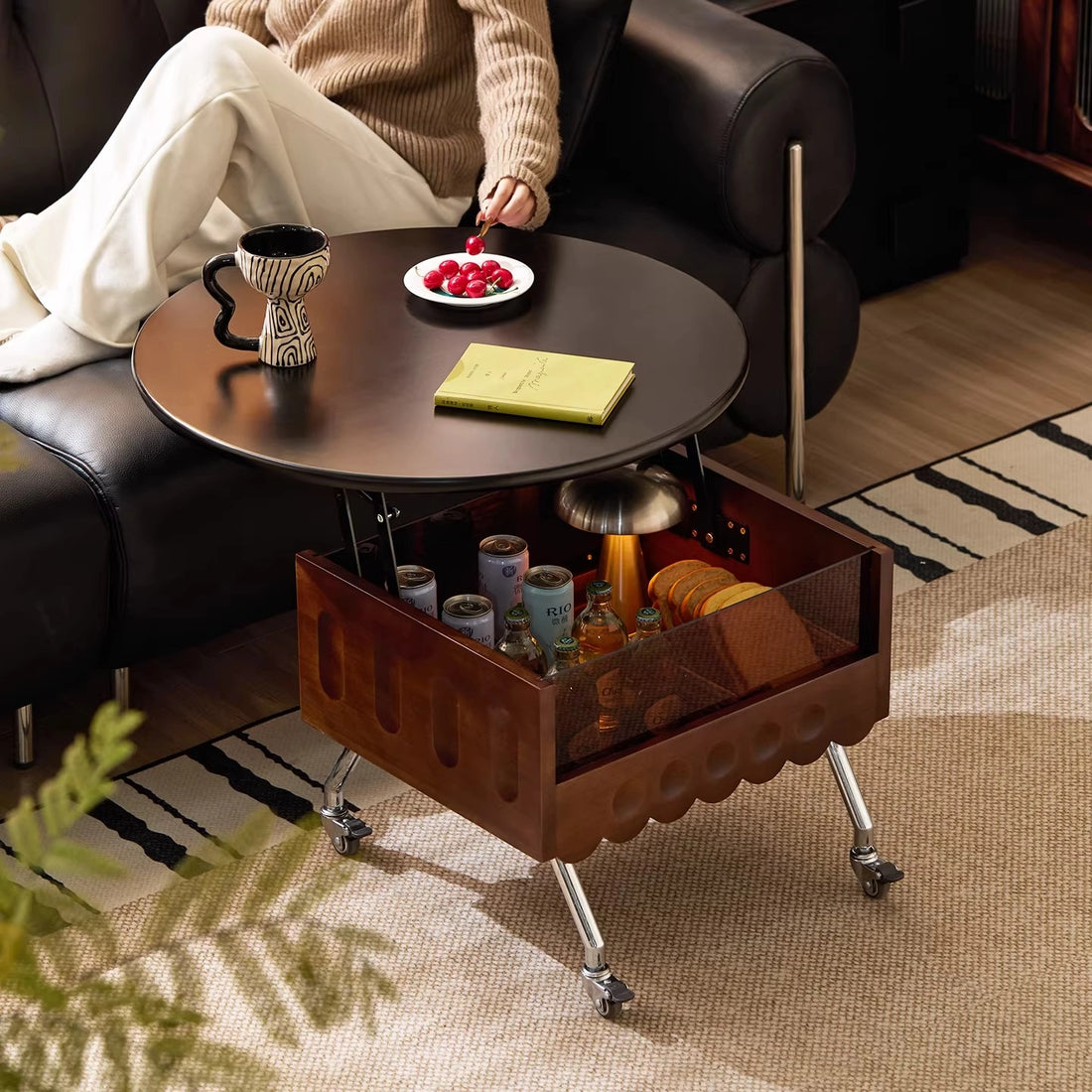 Round Lift Top Coffee Table with Storage and Wheels, Adjustable Height Solid Wood Living Room Table