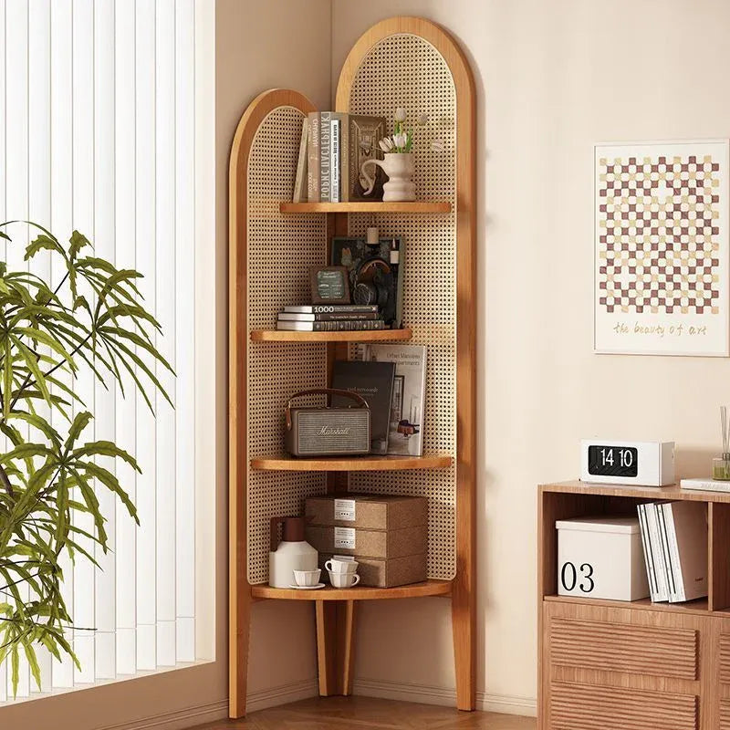 Retro Solid Wood & Rattan Multi-Tier Corner Bookshelf