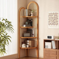 Retro Solid Wood & Rattan Multi-Tier Corner Bookshelf