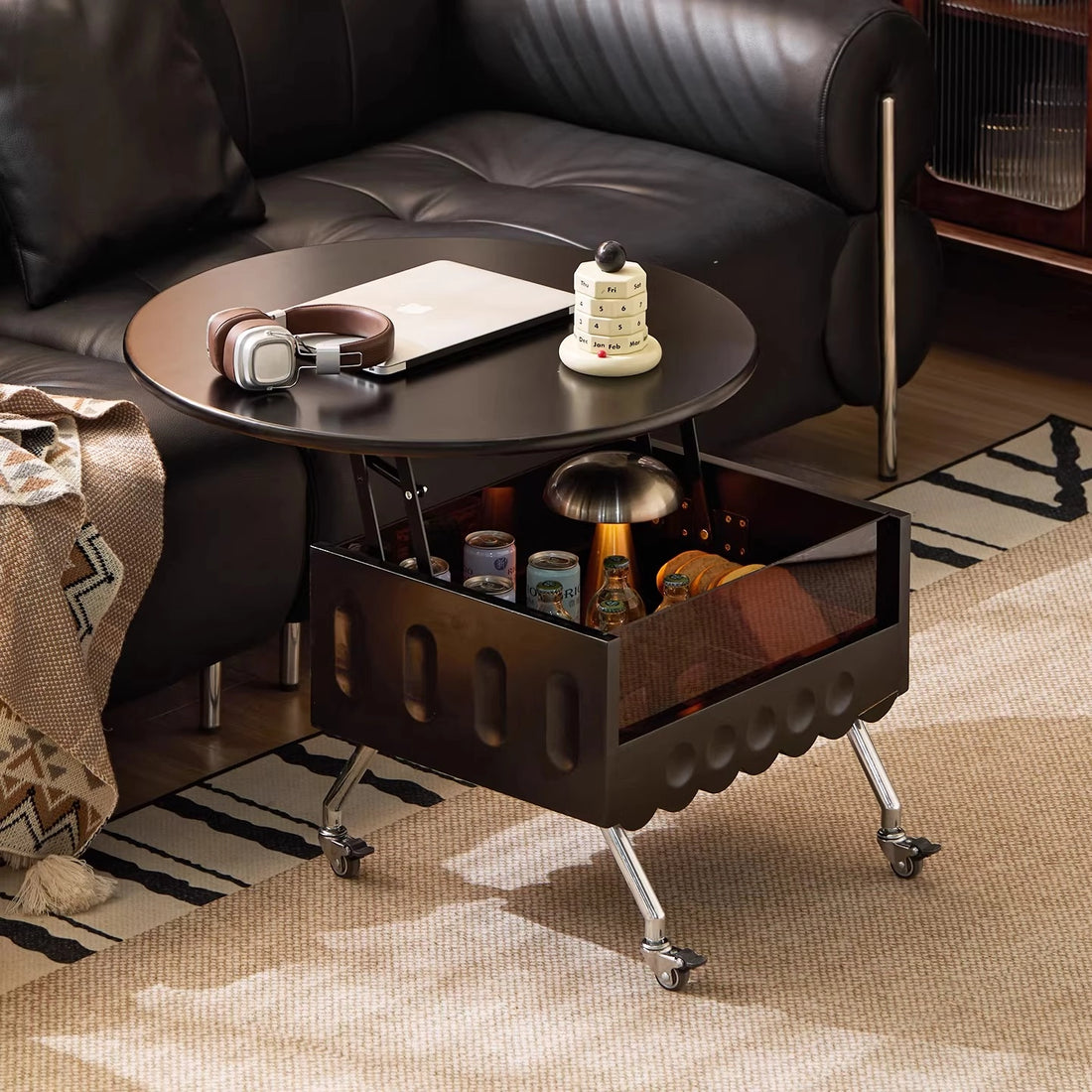 Round Lift Top Coffee Table with Storage and Wheels, Adjustable Height Solid Wood Living Room Table