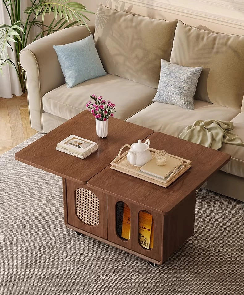 Adjustable Solid Wood Side Table with Wheels Rolling Sofa Table for Living Room