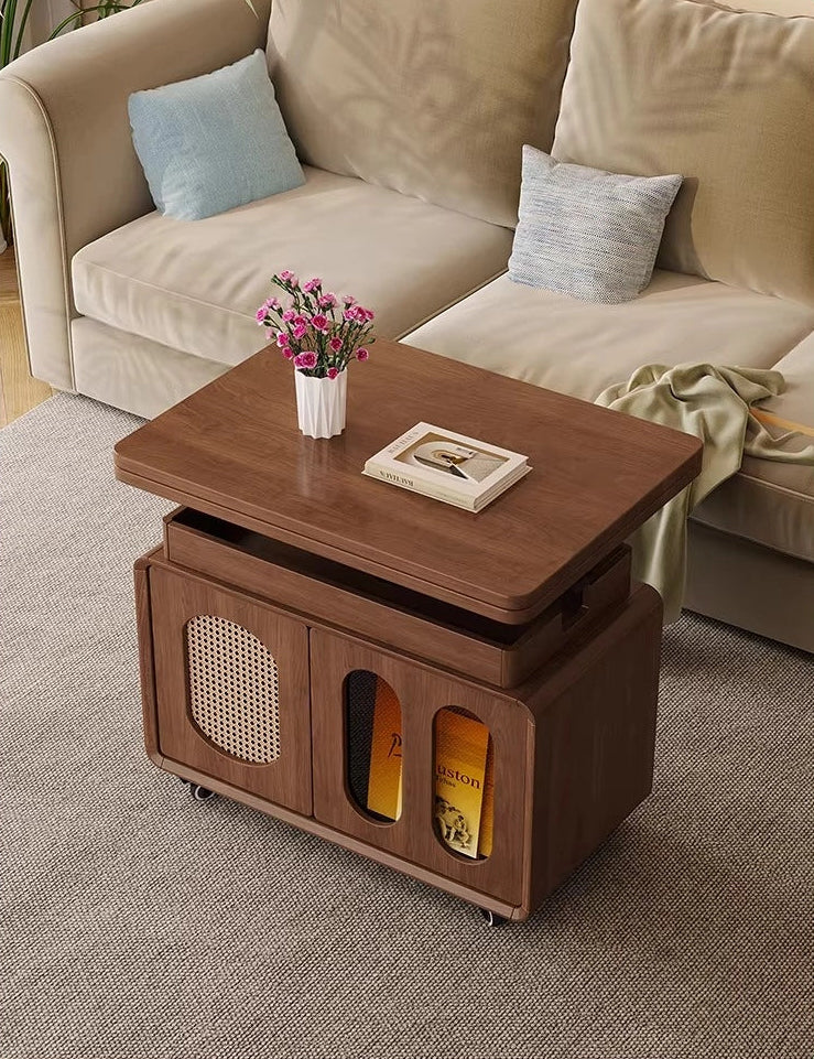 Adjustable Solid Wood Side Table with Wheels Rolling Sofa Table for Living Room