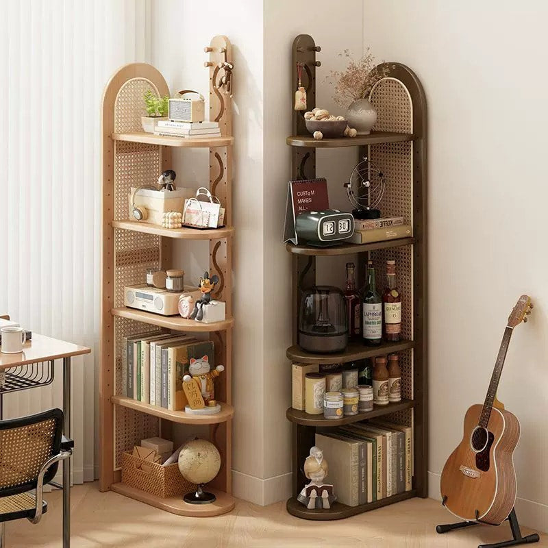 Solid Wood Rattan Corner Bookshelf, 5-Tier Corner Shelf Storage Rack, Freestanding Narrow Bookcase Display Organizer for Living Room Bedroom Small Spaces
