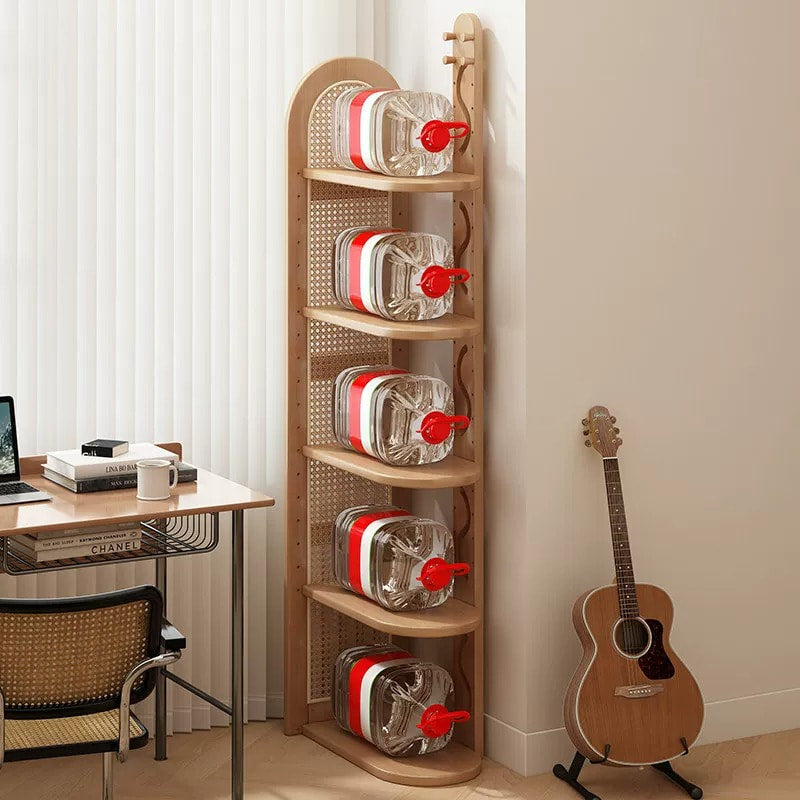 Solid Wood Rattan Corner Bookshelf, 5-Tier Corner Shelf Storage Rack, Freestanding Narrow Bookcase Display Organizer for Living Room Bedroom Small Spaces