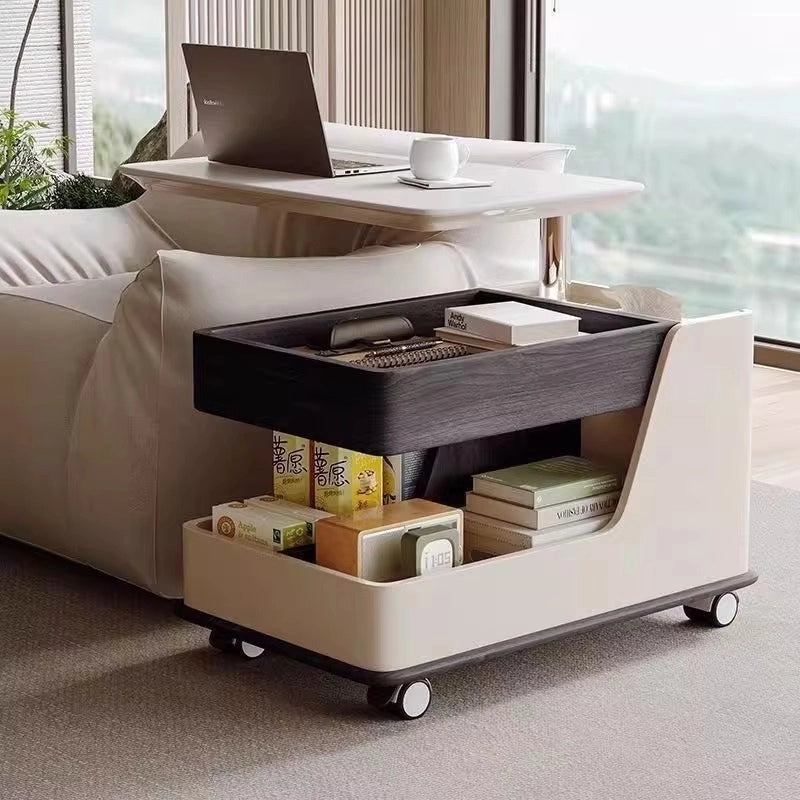 Mobile Adjustable Height Side Table with Sintered Stone Top, Modern Coffee Table for Living Room