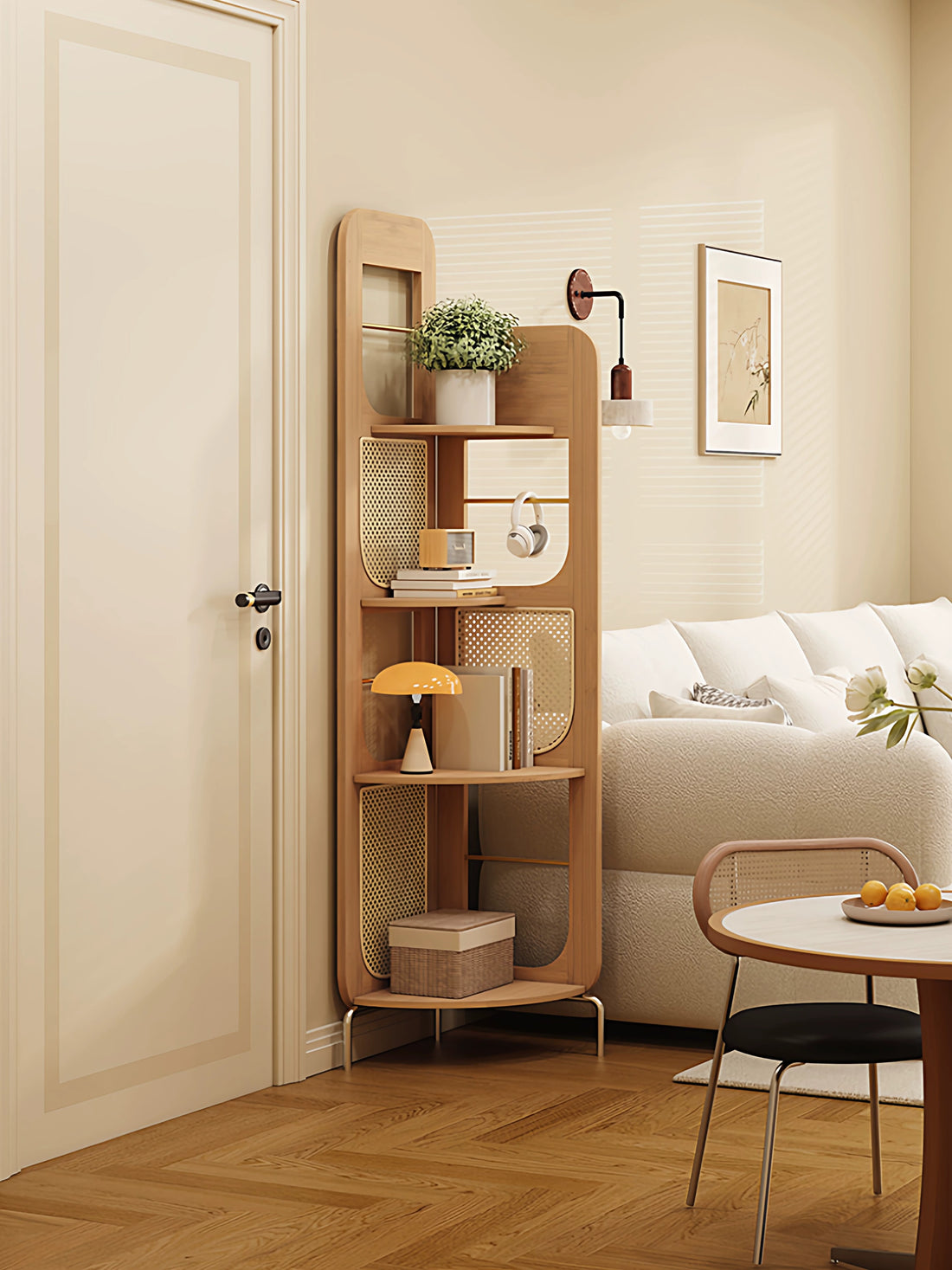 Vintage Solid Wood Rattan Corner Shelf, Freestanding Right Angle Storage Rack, Tall Corner Bookshelf Display Organizer for Living Room Bedroom Office