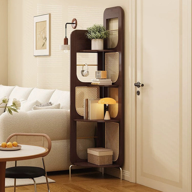 Vintage Solid Wood Rattan Corner Shelf, Freestanding Right Angle Storage Rack, Tall Corner Bookshelf Display Organizer for Living Room Bedroom Office