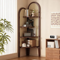 Retro Solid Wood & Rattan Multi-Tier Corner Bookshelf