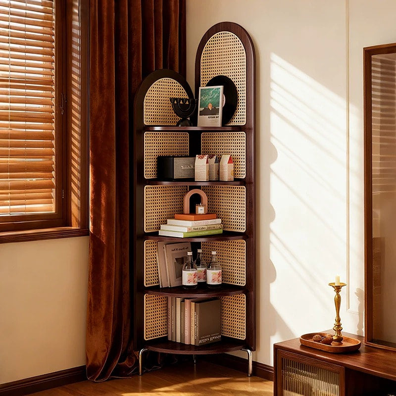 Solid Wood Rattan Corner Bookshelf, 5-Tier Tall Corner Shelf Storage Cabinet, Freestanding Bamboo Bookcase Display Rack for Living Room Bedroom Home Office