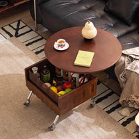 Round Lift Top Coffee Table with Storage and Wheels, Adjustable Height Solid Wood Living Room Table