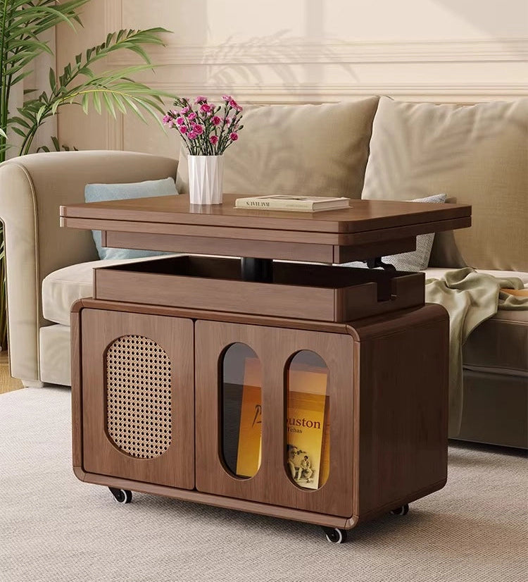 Adjustable Solid Wood Side Table with Wheels Rolling Sofa Table for Living Room