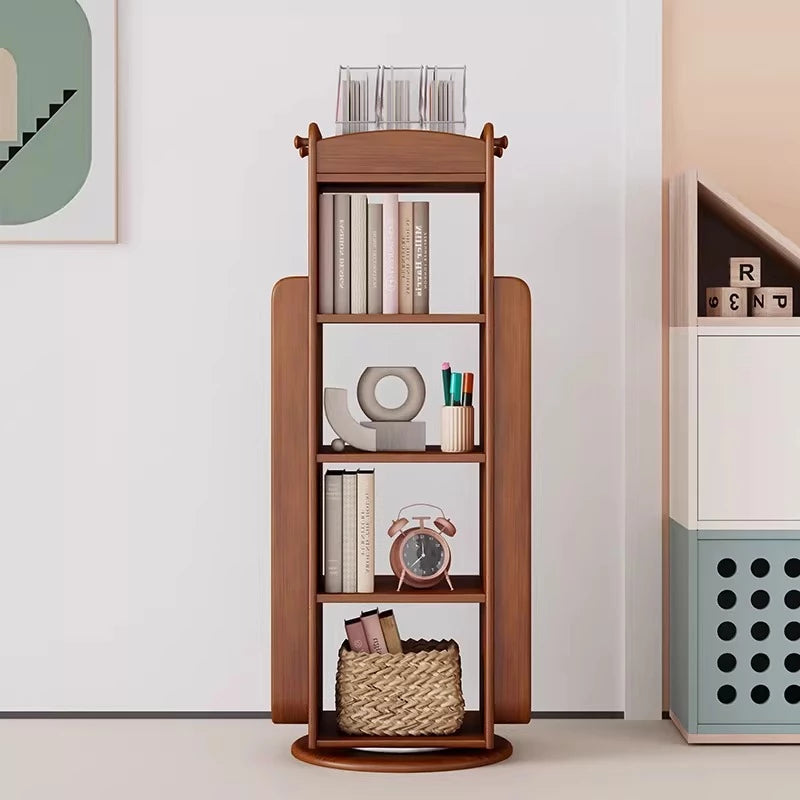Solid Wood Kids 360° Rotating Bookshelf, Floor Standing Multi-Tier Children’s Book Rack, Montessori Book & Toy Storage Organizer for Living Room & Bedroom
