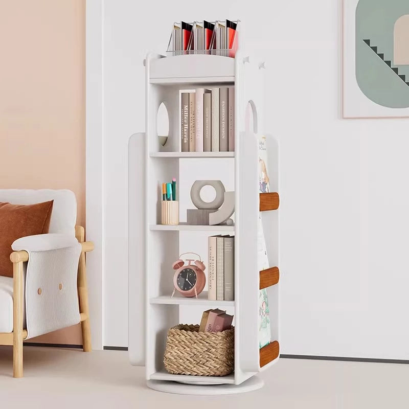 Solid Wood Kids 360° Rotating Bookshelf, Floor Standing Multi-Tier Children’s Book Rack, Montessori Book & Toy Storage Organizer for Living Room & Bedroom