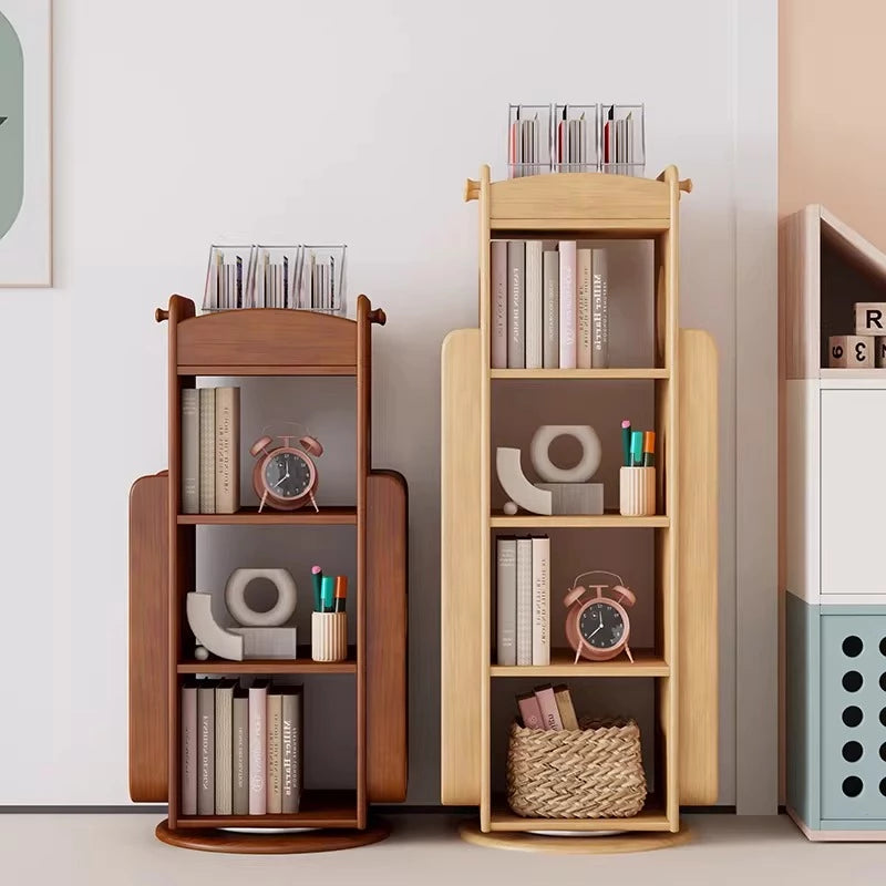 Solid Wood Kids 360° Rotating Bookshelf, Floor Standing Multi-Tier Children’s Book Rack, Montessori Book & Toy Storage Organizer for Living Room & Bedroom