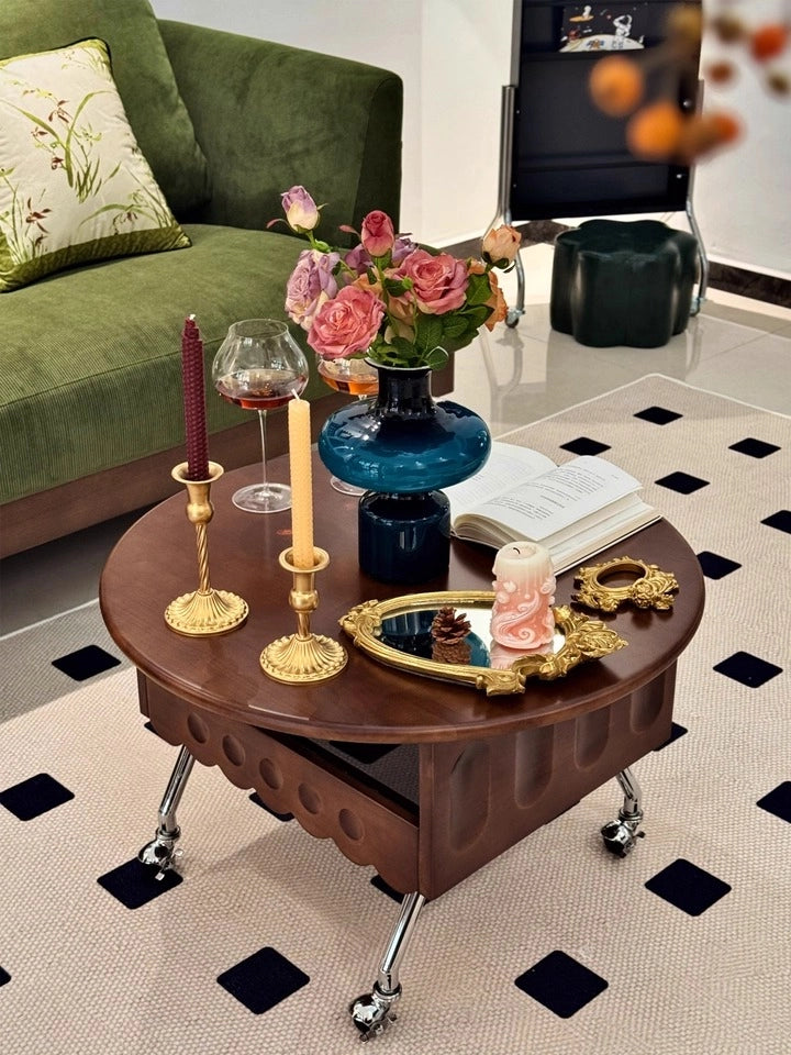 Round Lift Top Coffee Table with Storage and Wheels, Adjustable Height Solid Wood Living Room Table