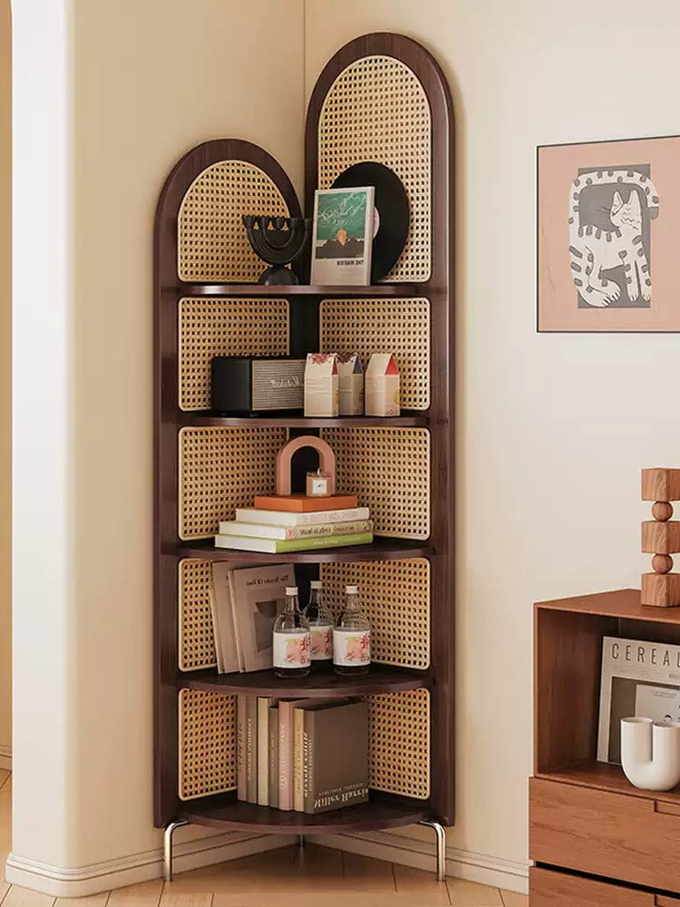 Solid Wood Rattan Corner Bookshelf, 5-Tier Tall Corner Shelf Storage Cabinet, Freestanding Bamboo Bookcase Display Rack for Living Room Bedroom Home Office