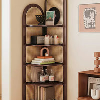 Solid Wood Rattan Corner Bookshelf, 5-Tier Tall Corner Shelf Storage Cabinet, Freestanding Bamboo Bookcase Display Rack for Living Room Bedroom Home Office