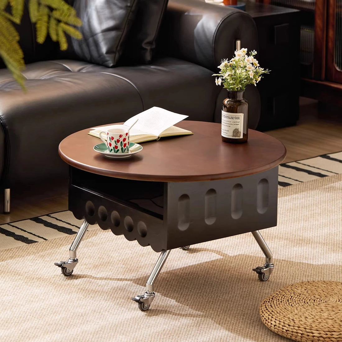 Round Lift Top Coffee Table with Storage and Wheels, Adjustable Height Solid Wood Living Room Table