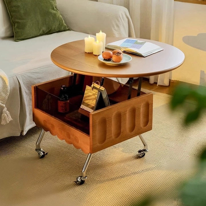 Round Lift Top Coffee Table with Storage and Wheels, Adjustable Height Solid Wood Living Room Table