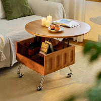 Round Lift Top Coffee Table with Storage and Wheels, Adjustable Height Solid Wood Living Room Table