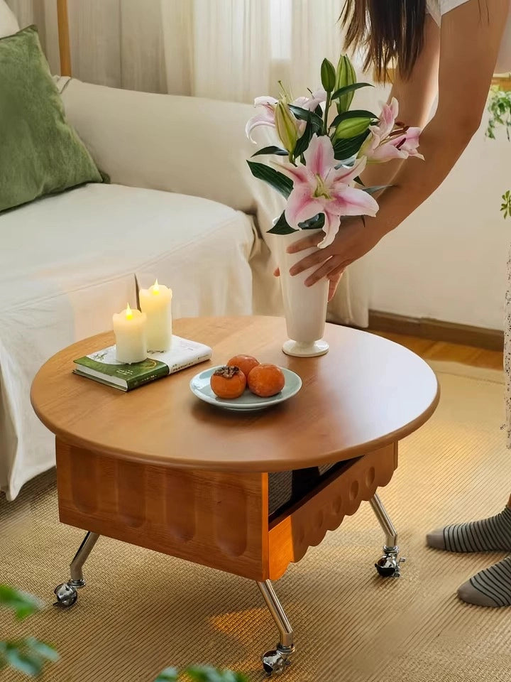 Round Lift Top Coffee Table with Storage and Wheels, Adjustable Height Solid Wood Living Room Table