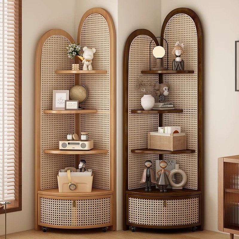 Solid Wood Rattan Corner Cabinet, 4-Tier Triangle Corner Shelf, Freestanding Rattan Bookshelf Storage Display Rack for Living Room Bedroom Office