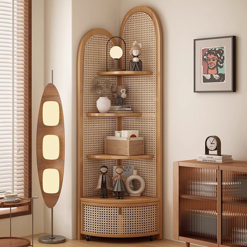 Solid Wood Rattan Corner Cabinet, 4-Tier Triangle Corner Shelf, Freestanding Rattan Bookshelf Storage Display Rack for Living Room Bedroom Office