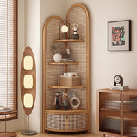 Solid Wood Rattan Corner Cabinet, 4-Tier Triangle Corner Shelf, Freestanding Rattan Bookshelf Storage Display Rack for Living Room Bedroom Office