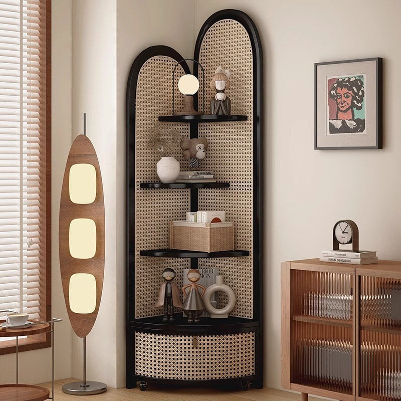 Solid Wood Rattan Corner Cabinet, 4-Tier Triangle Corner Shelf, Freestanding Rattan Bookshelf Storage Display Rack for Living Room Bedroom Office