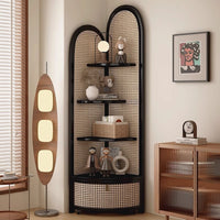 Solid Wood Rattan Corner Cabinet, 4-Tier Triangle Corner Shelf, Freestanding Rattan Bookshelf Storage Display Rack for Living Room Bedroom Office