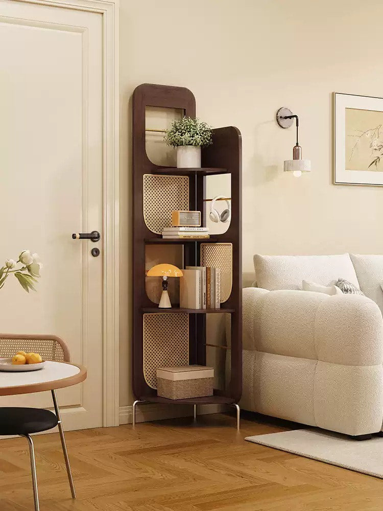 Vintage Solid Wood Rattan Corner Shelf, Freestanding Right Angle Storage Rack, Tall Corner Bookshelf Display Organizer for Living Room Bedroom Office
