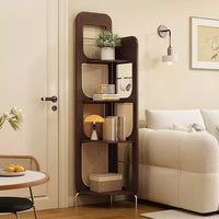 Vintage Solid Wood Rattan Corner Shelf, Freestanding Right Angle Storage Rack, Tall Corner Bookshelf Display Organizer for Living Room Bedroom Office