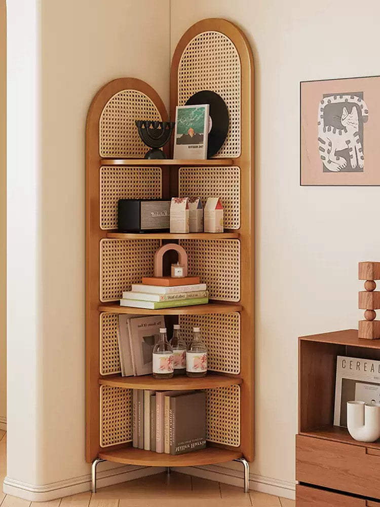 Solid Wood Rattan Corner Bookshelf, 5-Tier Tall Corner Shelf Storage Cabinet, Freestanding Bamboo Bookcase Display Rack for Living Room Bedroom Home Office