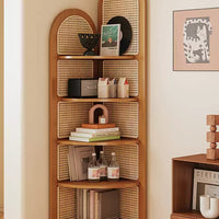 Solid Wood Rattan Corner Bookshelf, 5-Tier Tall Corner Shelf Storage Cabinet, Freestanding Bamboo Bookcase Display Rack for Living Room Bedroom Home Office