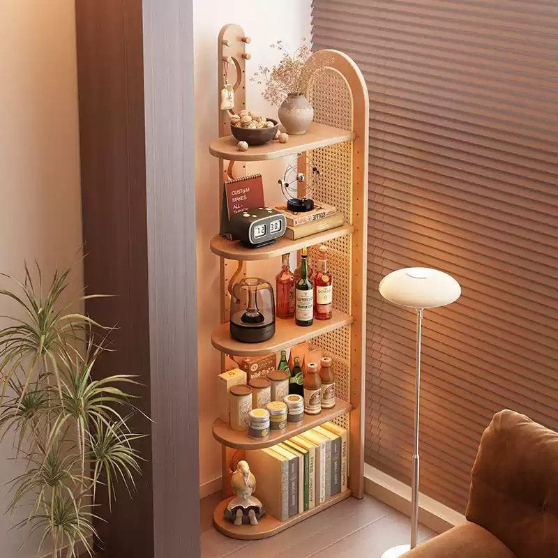Solid Wood Rattan Corner Bookshelf, 5-Tier Corner Shelf Storage Rack, Freestanding Narrow Bookcase Display Organizer for Living Room Bedroom Small Spaces