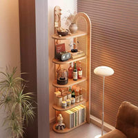 Solid Wood Rattan Corner Bookshelf, 5-Tier Corner Shelf Storage Rack, Freestanding Narrow Bookcase Display Organizer for Living Room Bedroom Small Spaces