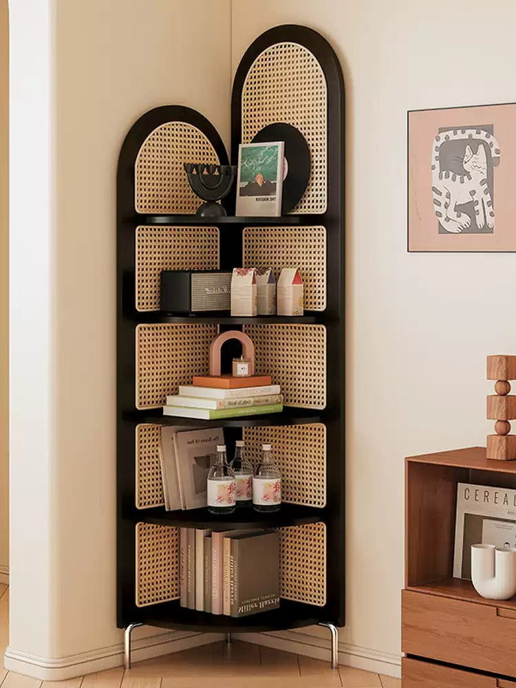 Solid Wood Rattan Corner Bookshelf, 5-Tier Tall Corner Shelf Storage Cabinet, Freestanding Bamboo Bookcase Display Rack for Living Room Bedroom Home Office
