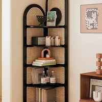 Solid Wood Rattan Corner Bookshelf, 5-Tier Tall Corner Shelf Storage Cabinet, Freestanding Bamboo Bookcase Display Rack for Living Room Bedroom Home Office