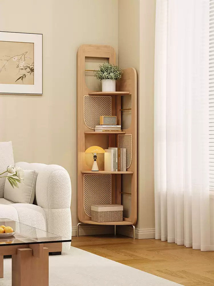 Vintage Solid Wood Rattan Corner Shelf, Freestanding Right Angle Storage Rack, Tall Corner Bookshelf Display Organizer for Living Room Bedroom Office
