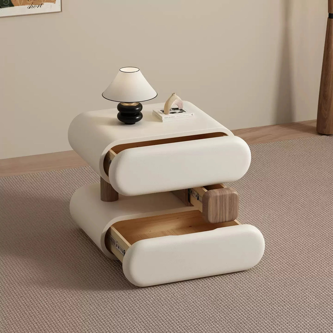 Fully Assembled Solid Wood Nightstand – Cream Style Minimalist Bedside Table for Modern Bedroom